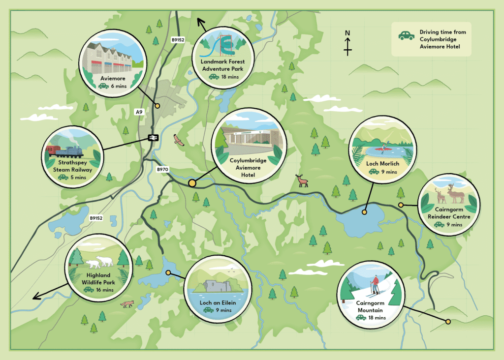 Illustrated local area map for Aviemore, Scotland, UK.