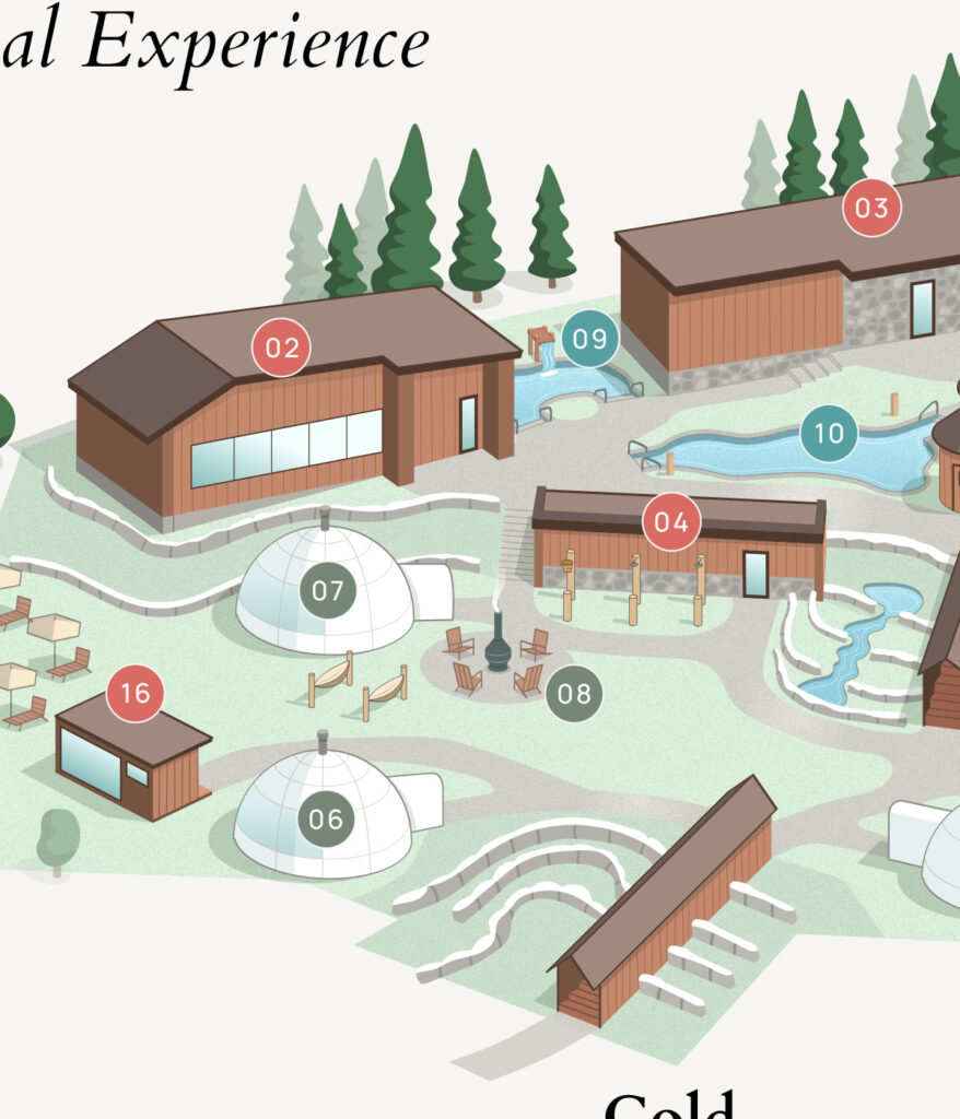 An illustrated 3D map for the thermal spa experience at the Everwild Canmore resort in Canada.