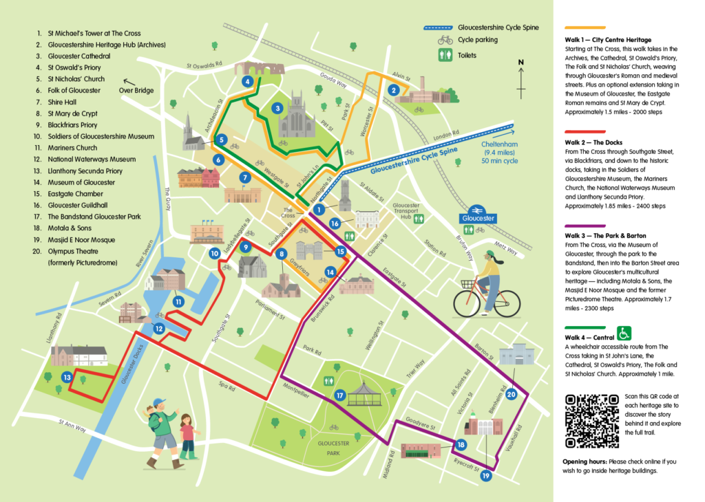 Illustrated map for the City of Gloucester highlighting different walking routes and promoting active travel.