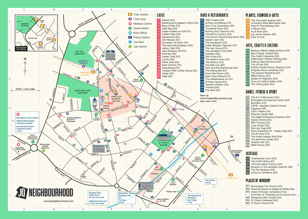 A City guide map for the Jewellery Quarter in Birmingham, UK.